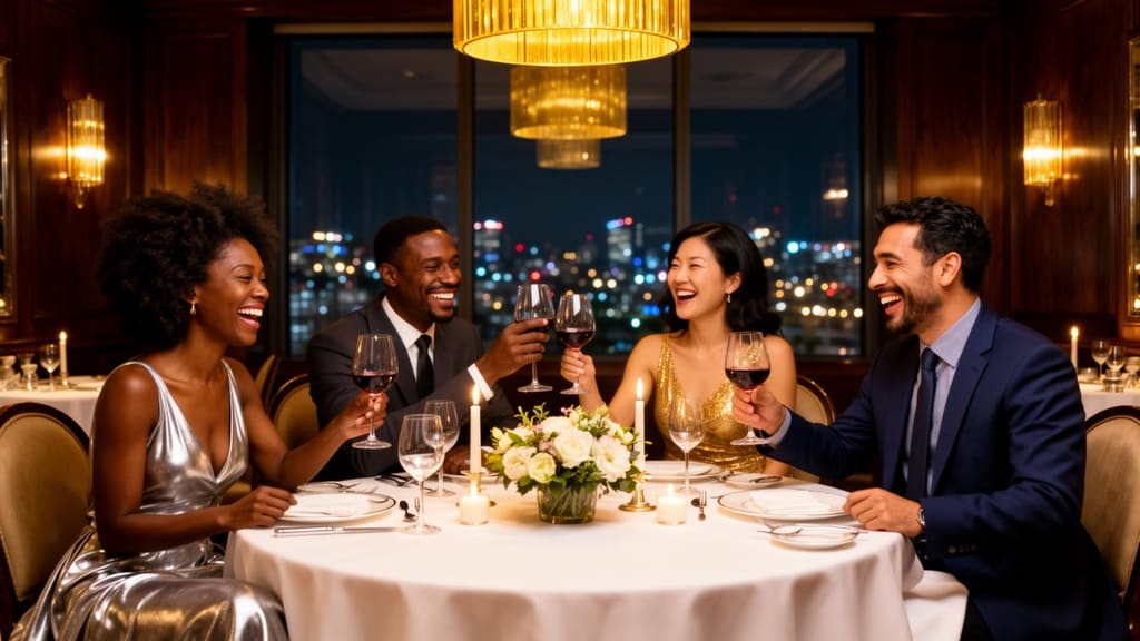 A diverse group of adults laughing in conversation over dinner at an elegant restaurant